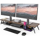Fenge Dual Monitor Stand Riser, Wooden Desk Shelf with 2-Tier Storage | 42.5-Inch Wide, Sturdy Aluminum Legs, Built-In Phone &amp; Tablet Slot, Desktop Organizer for Office Accessories