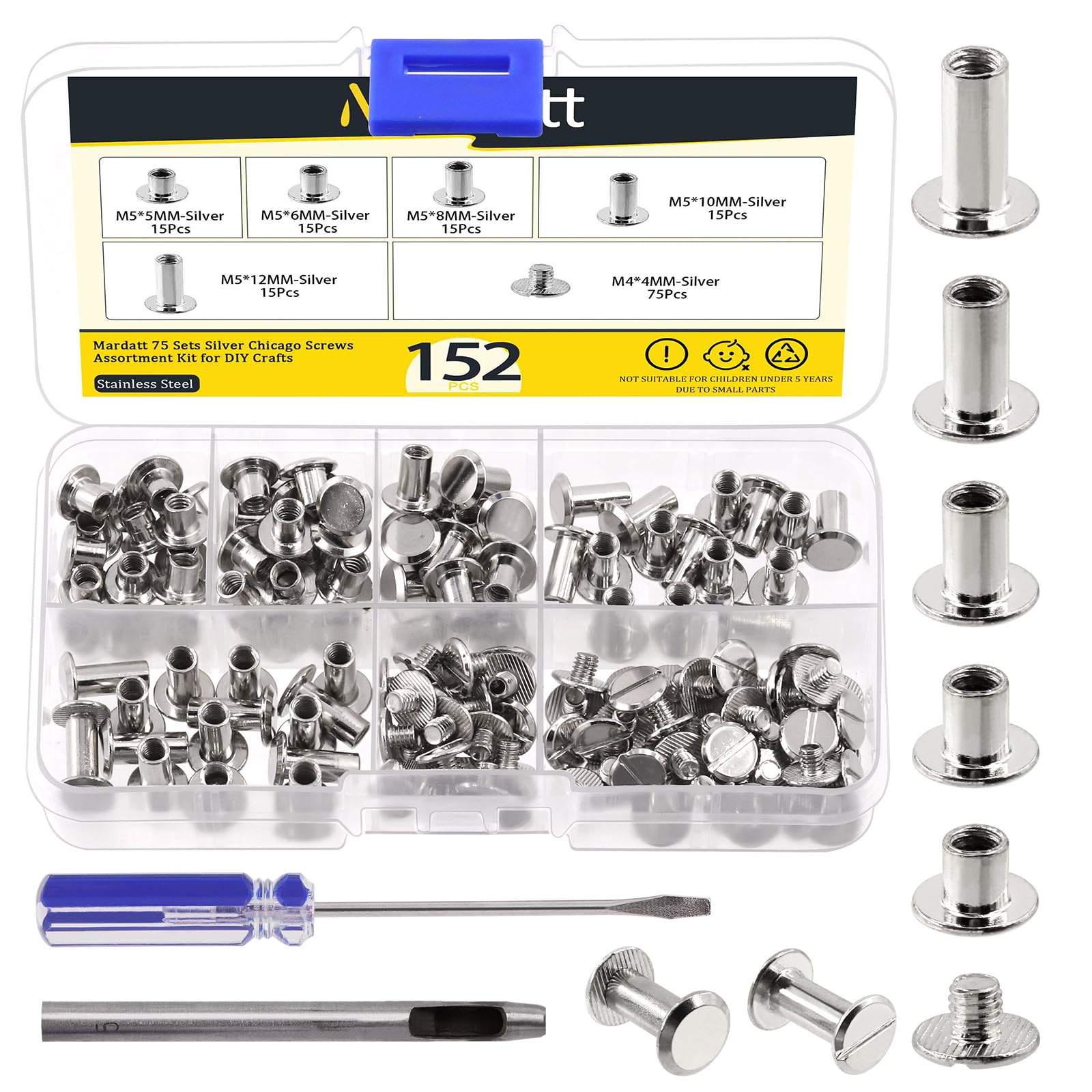 Mardatt 152Pcs 5 Sizes Chicago Screws with Punch and Screwdriver, M5 x 5/6/8/10/12MM Carbon Steel Chicago Rivets M5 Chicago Binding Screws Flat Head Leather Rivets for DIY Leather Repair(Silver)