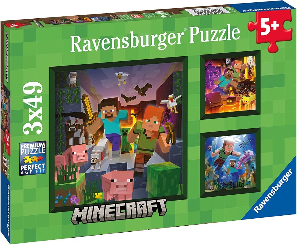 Ravensburger Minecraft 3 x 49-Piece Jigsaw Puzzles Kids Set 5+ 3 Puzzles