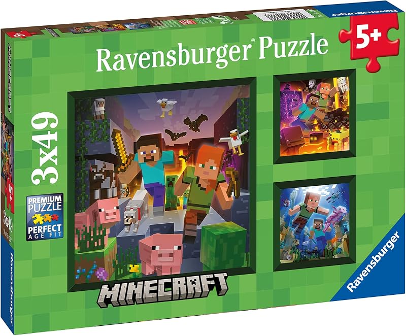 Ravensburger Minecraft 3 x 49-Piece Jigsaw Puzzles Kids Set 5+ 3 Puzzles