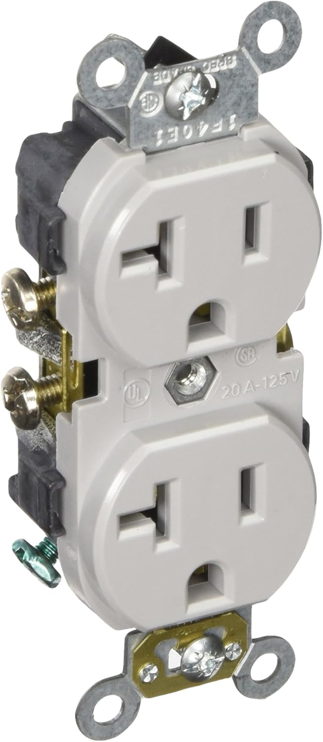 Leviton CR020-W 20-Amp, 125 Volt, Slim Body Duplex Receptacle, Straight Blade, Commercial Grade, Self Grounding, White - Electrical Outlets - 