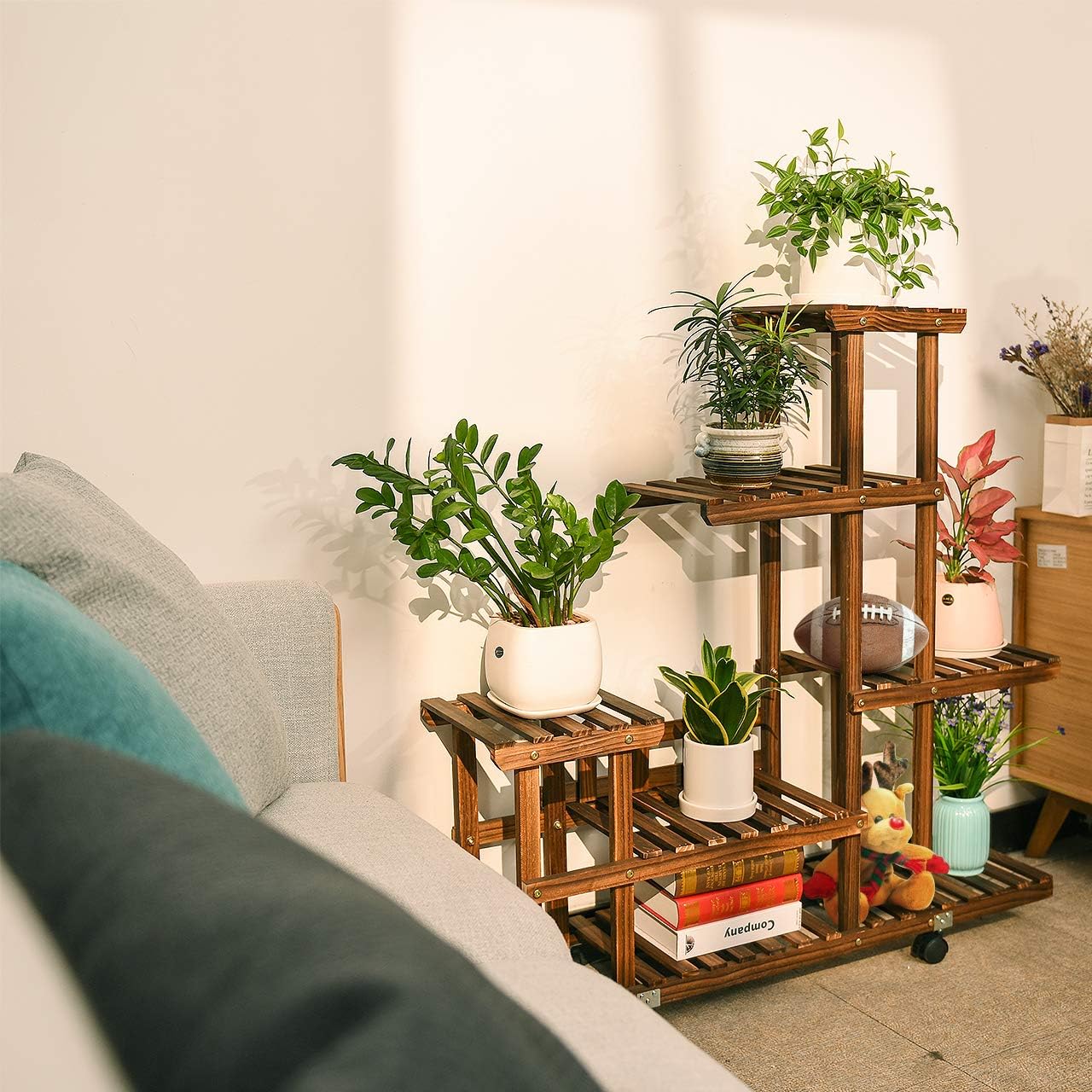 cfmour Wood Plant Stand Indoor Outdoor, Wooden Plant Display Multi Tier Flower Shelves Stands, Garden Plant Shelf Rack Holder Organizer in Corner Living Room Balcony Patio Yard (11-13 Flowerpots) : Garden & Outdoor