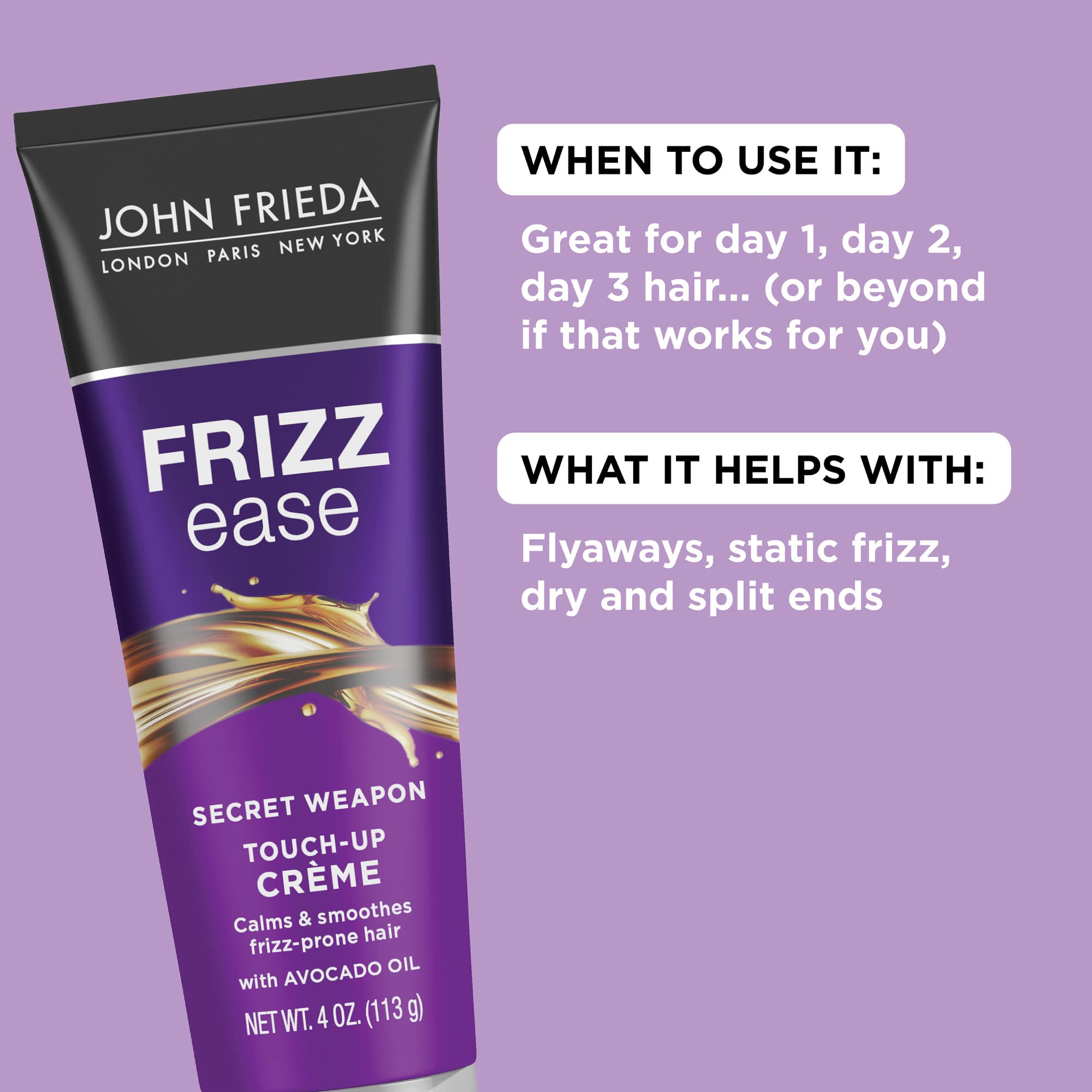 John Frieda Frizz Ease Secret Weapon Touch-Up Crème, Pack of 2, 4 Oz | Frizz-Free & Split Ends | Infused with Avocado Oil | Seals in Moisture | Smoothing Cream for Flyaways | Eliminates Flyaways