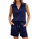 Glamaker Womens Two Piece Short Sets Summer V Neck Travel Outfits Sweatsuits Sleeveless Lounge Sets Tracksuit