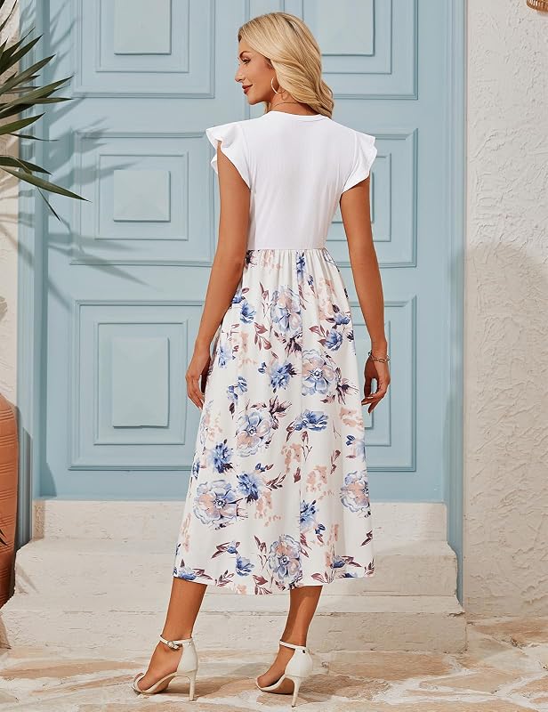 Robe Longue Femme Robe Été Elegant Haut Taille Col Rond Manches Courtes Robes Casual Plage Vacances Mariage Invitée Soiree avec Poches (Bleu Clair Floral, M)