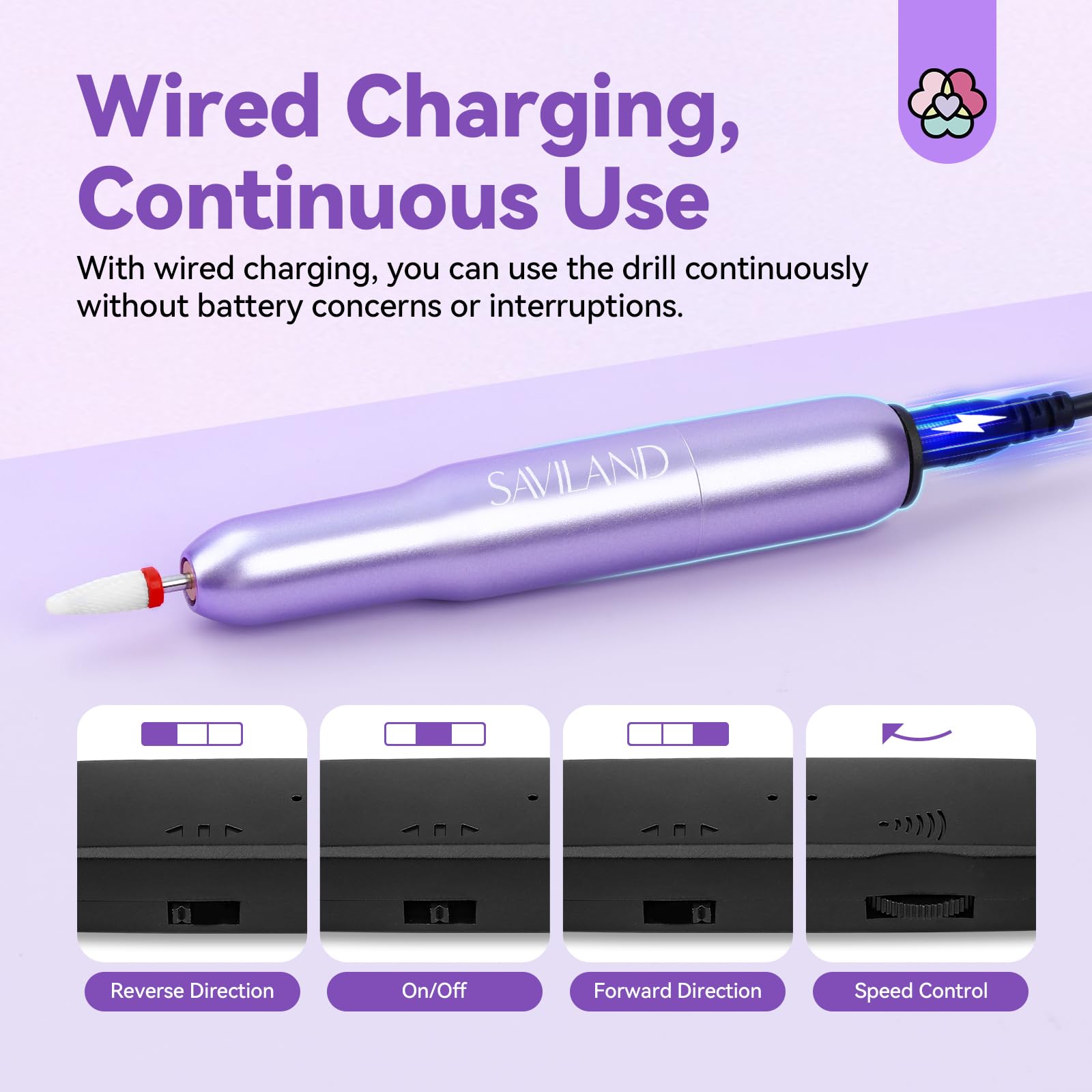 SAVILAND Portable Electric Nail Drill: Nail Drill Kit 20000RPM Purple Cuticle Bit Nail File 51 Sanding Bands Beginners at Home Manicure Pedicure - Image 7