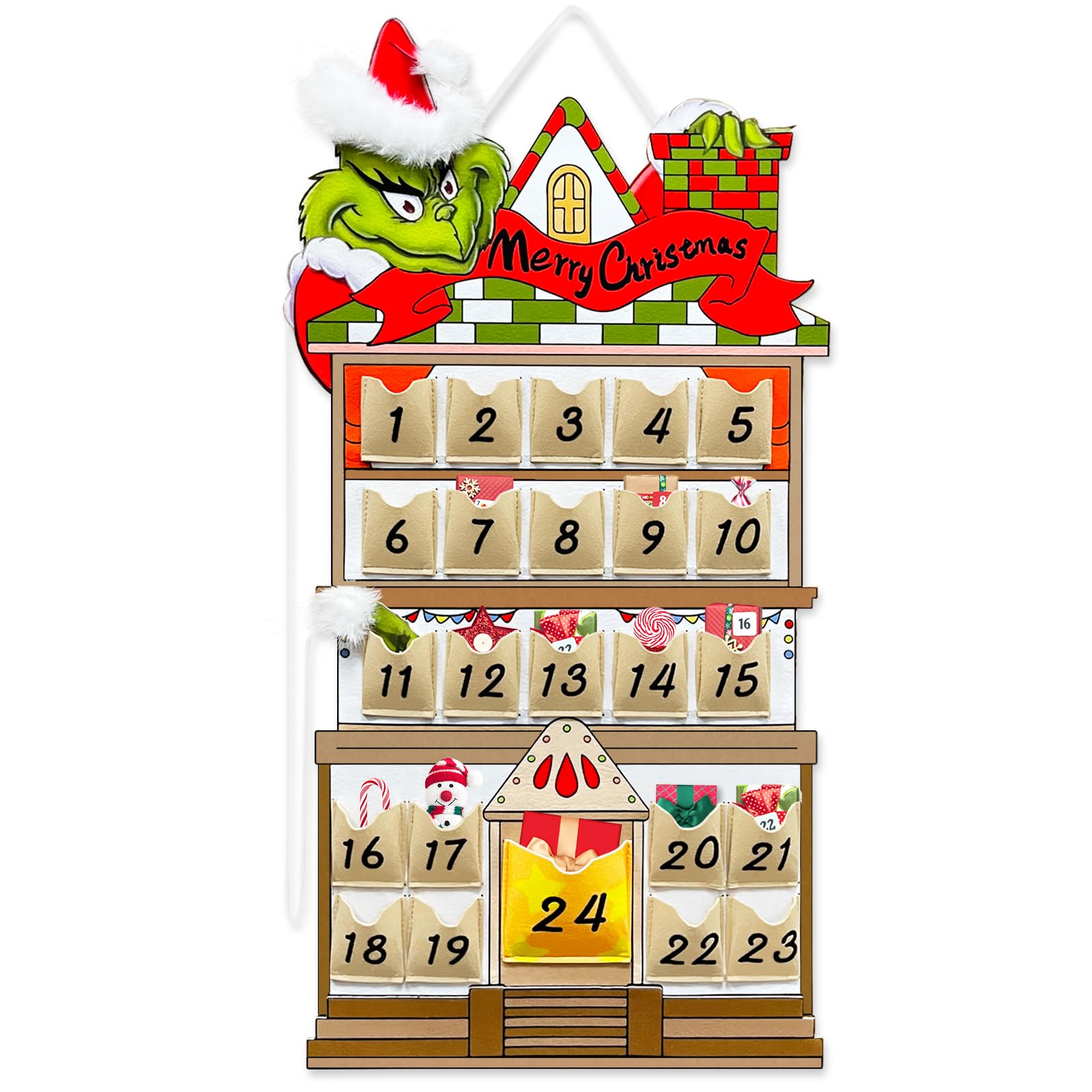 Photo 1 of KOUPA Hanging Christmas Countdown Advent Calendar, Santa Grinch Green Haired Monster Decoration, Reusable Xmas Gift for Holiday Party Winter