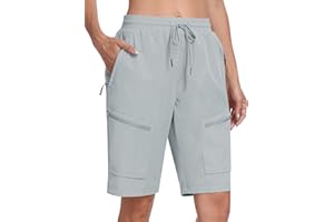 MoFiz Womens 10" Long Shorts for Women Knee Length Quick Dry Women Hiking Cargo Athletic Travel Golf Shorts with Zip Pockets
