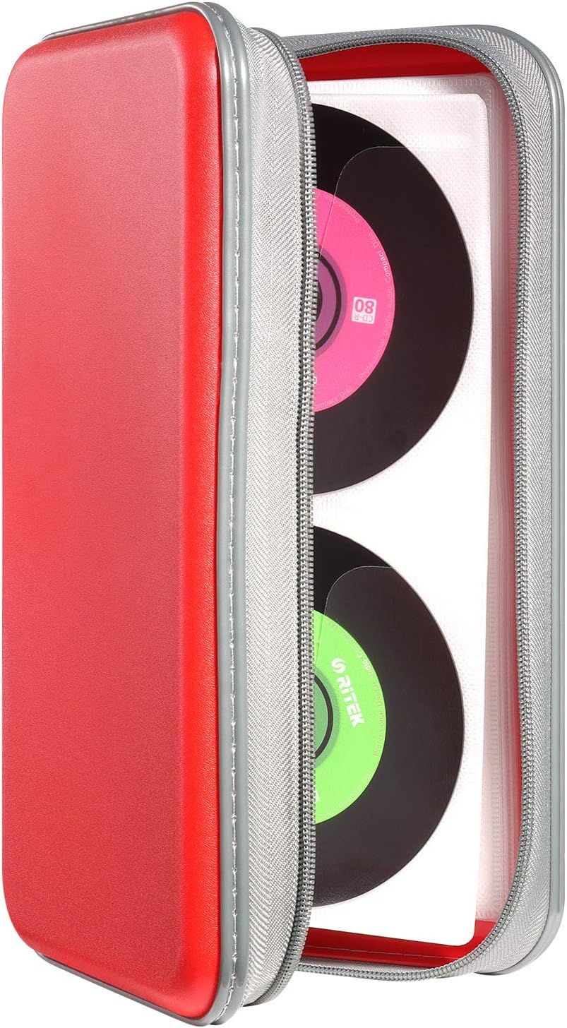 DVSICK CD Case, 96 Capacity CD/DVD Case Hard Plastic Case Holder CD Holder Organizer Wallet Protective DVD Holder Storage (Red)