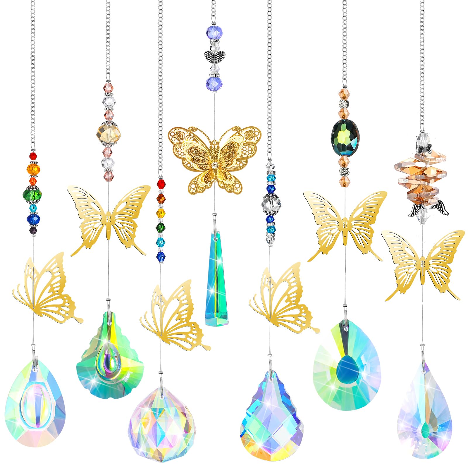 7 Pieces Crystals Suncatcher Butterfly Sun Catchers Colorful Crystal Chandelier Pendant Hummingbird Wall Hanging Tree Window Prism Ornament (Shinny Colors, Stylish Style)