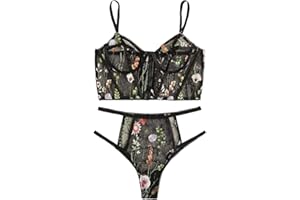 wodceeke 2pc Women's Lingerie Corset Set Lace Embroidered Bra and Thong See Through Teddy Babydoll Bodysuit Boudoir Outfits