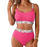 Herseas Women's Textured Bikini Sets Floral Print Trim Scoop Neck Swimsuits High Waisted Bathing Suits