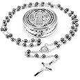 6mm Glass Pearl Rosary Beads Catholic for Women, Virgin Mary Our Lady of Guadalupe Medal, Hematite Stone Saint Benedict Rosary, Bead Necklace First Communion Gifts with Metal Gift Box