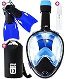 Snorkel Mask Full Face - 2017 Snorkeling Set for Adult Kids & Youth + Extra Diving Fins Dry Bag & Anti Fog Spray - Easybreath Gopro & Scuba Dive Gear - Easy Go Pro Head Mount Panoramic 180&deg; SeaView
