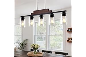 VERRON Dining Room Light Fixture Over Table, 5-Light Farmhouse Chandeliers for Dining Room Hanging, Linear Pendant Lights Kitchen Island Lighting, Wood Ceiling Light Fixture with Clear Glass Shade, Black