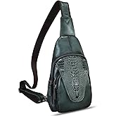 FEIGITOR Genuine Leather Sling Bag Embossed Crocodile Pattern Leather Crossbody Sling Backpack Handmade Chest Purse Daypack (Darkgrey)
