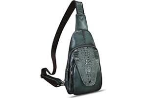 FEIGITOR Genuine Leather Sling Bag Embossed Crocodile Pattern Leather Crossbody Sling Backpack Handmade Chest Purse Daypack (Darkgrey)