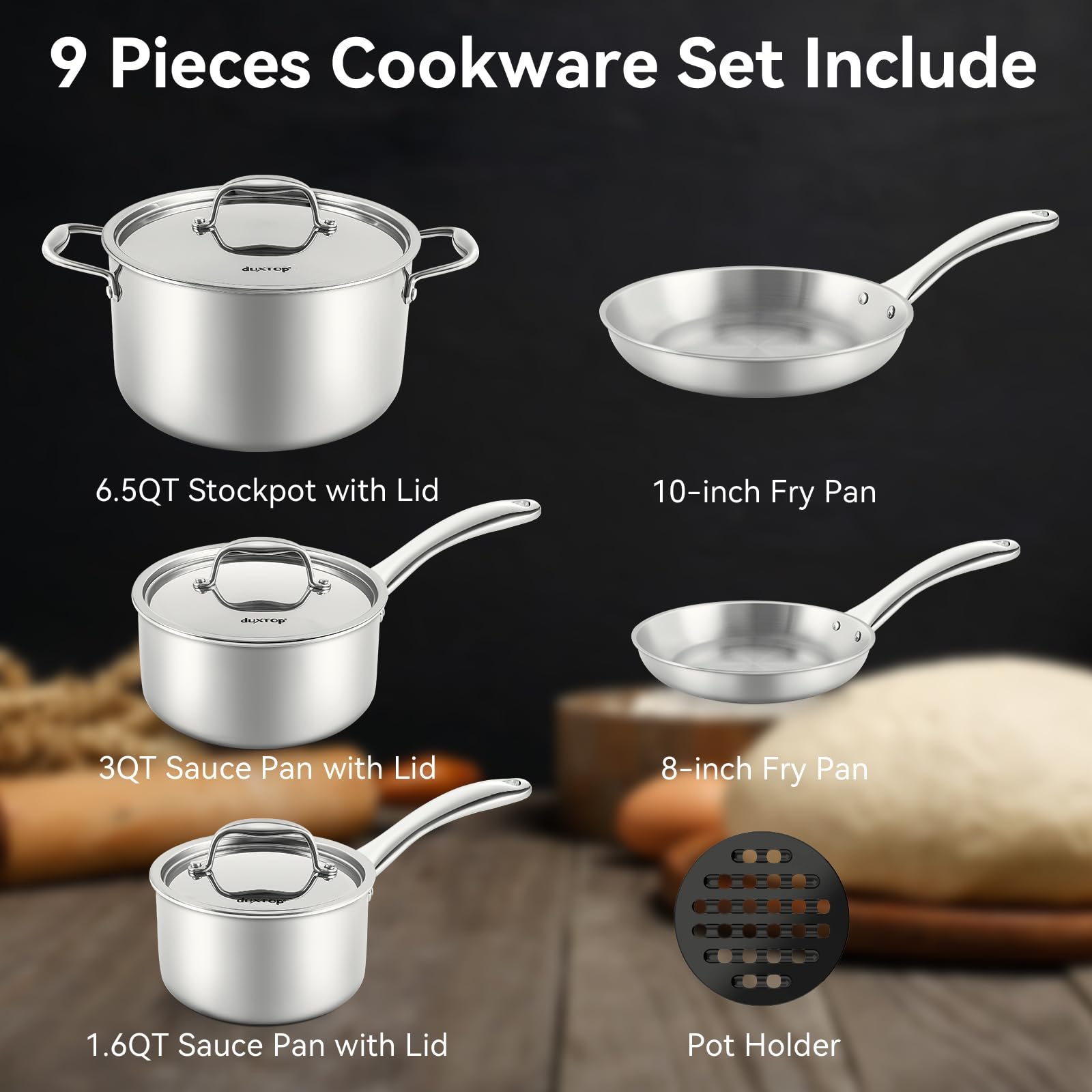 Duxtop Whole-Clad Tri-Ply Stainless Steel Induction Cookware Set, 9PC Kitchen Pots and Pans Set