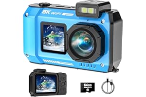 SPUNALP UHD 8K Underwater Camera, 70MP 33FT WiFi Waterproof Digital Camera with 64GB Card, Auto Focus Waterproof Dual-Screen Selfie 2500mAh Battery, 18X Floatable Digital for Snorkeling, Blue
