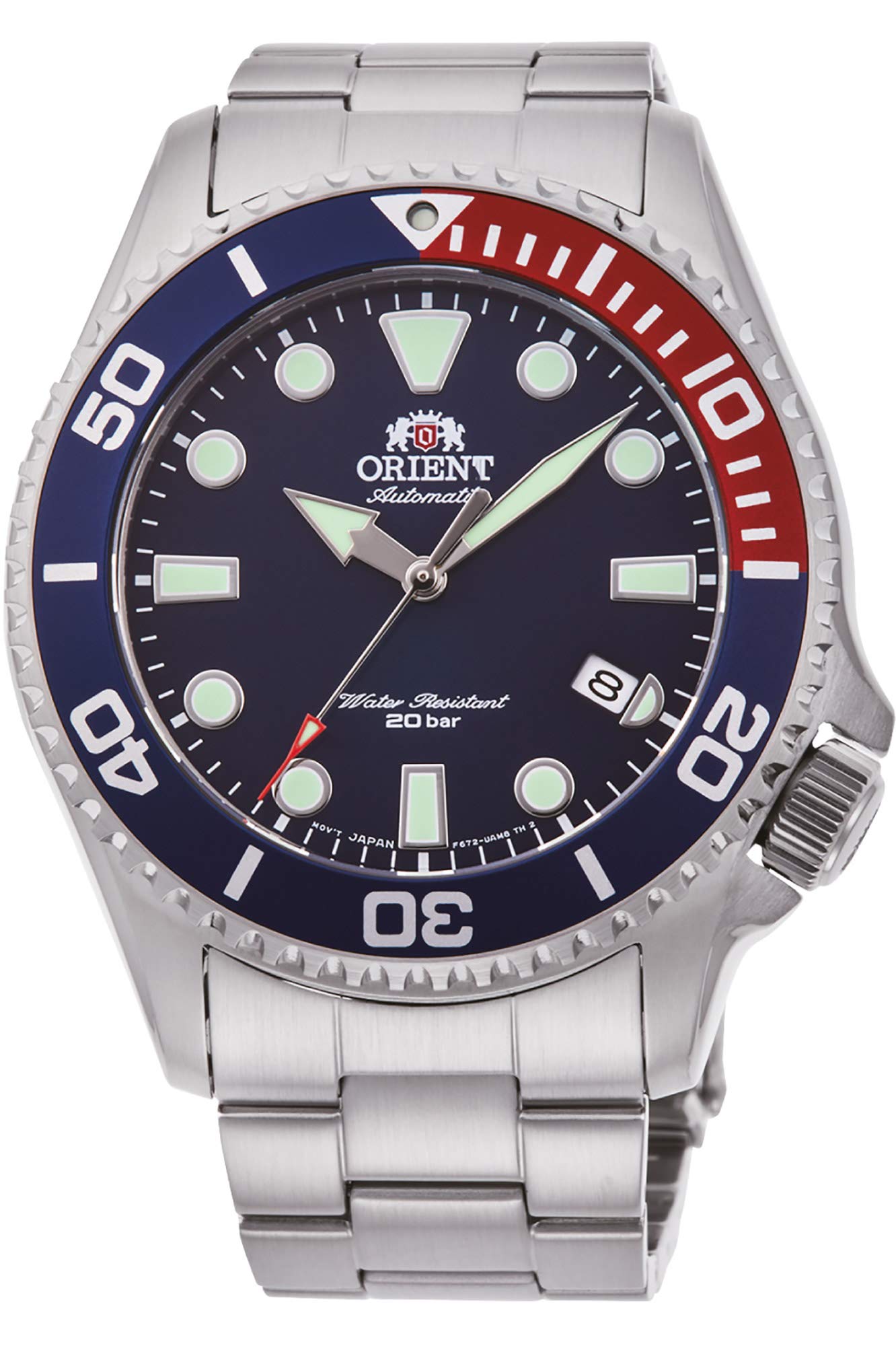 Orient Triton Men's Automatic Manual Winding Mechanical Sports Diver Wrist Watch with Crown at 4 o'clock, Pepsi Steel, Bracelet