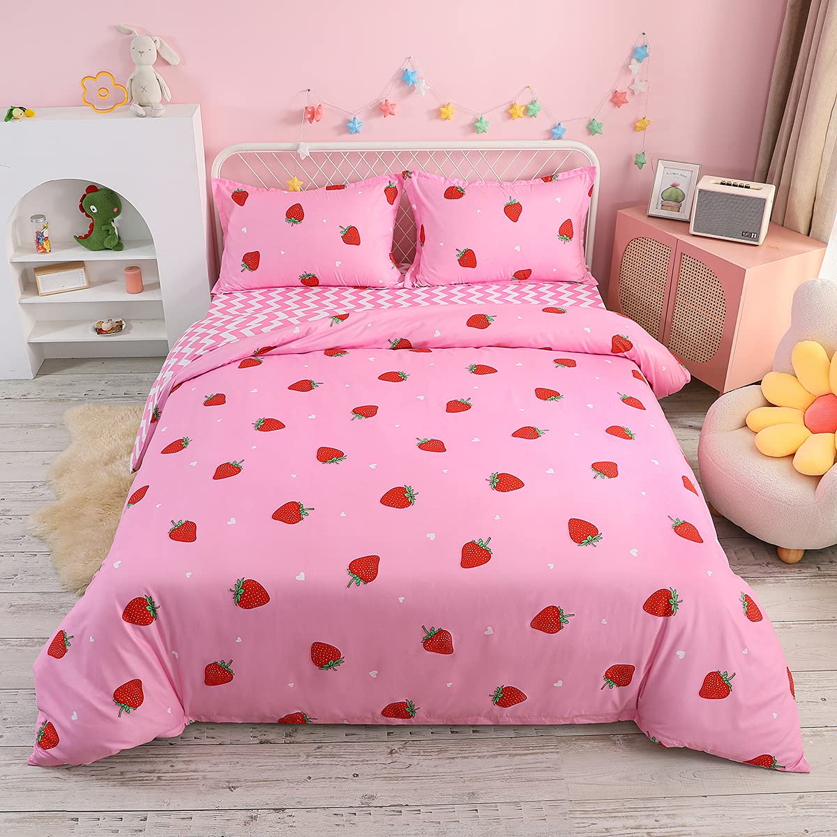 Strawberry Duvet Cover Set Super King Size Strawberry Printed Bedding Duvet Cover for Kids Teens Quilt Cover Fruit Theme Comforter Cover Cute Warm Sweet Duvet Cover Soft Breathable Bed Cover