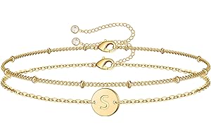 MONOZO Gold Initial Bracelets for Women, Dainty 14K Gold Filled Layered Beaded Letter Initial Bracelet Personalized 26 Alphabet Disc Monogram Charm Bracelet Jewelry Gifts for Girls