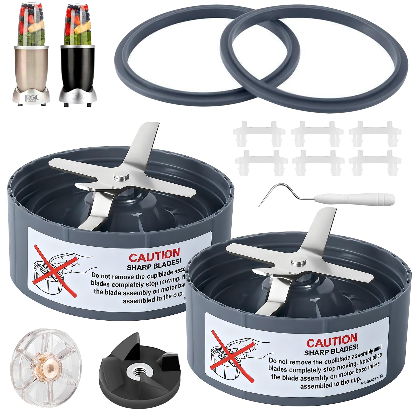 2-Pack Replacement Extractor Blade Set, Fit for NutriBullet 600w/ 900w Pro Series Blender with Food-grade Silicone Rubber Gaskets Seal Ring for NutriBullet Blender Blade Replacement Parts