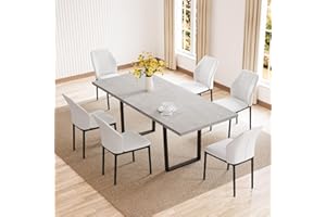 ZckyCine Modern Mid-Century Dining Table Set for 6-8 People Kitchen Dining Room Table Set Extendable Wood Dining Table and 6 Upholstered Chairs, Home Kitchen Furniture