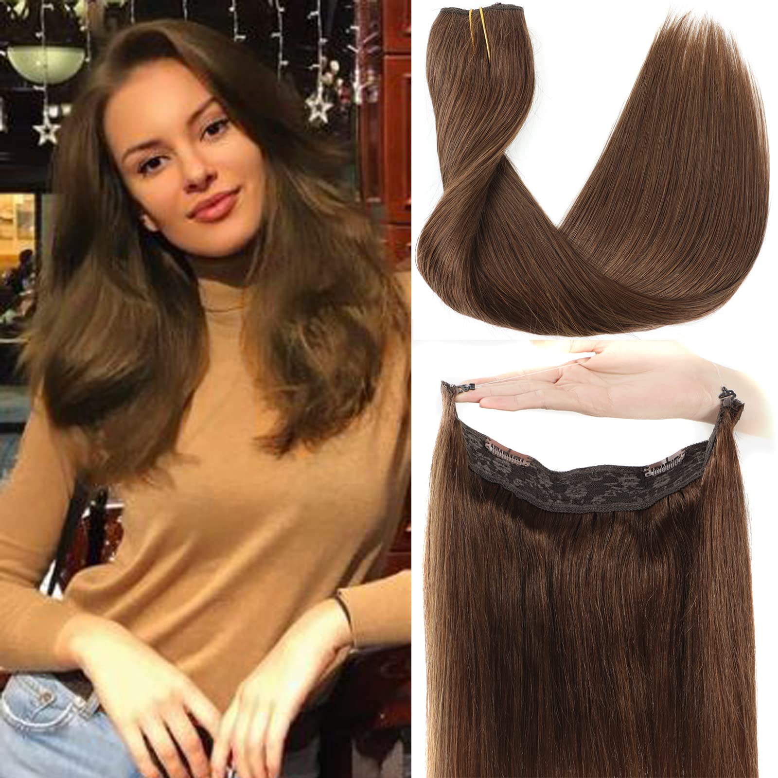 Fishing line Hair Extensions Real Human Hair Chocolate Brown 14 inch 70g Hairpiece with Invisible Fish Line Straight Clip in Human Hair Extensions for Women