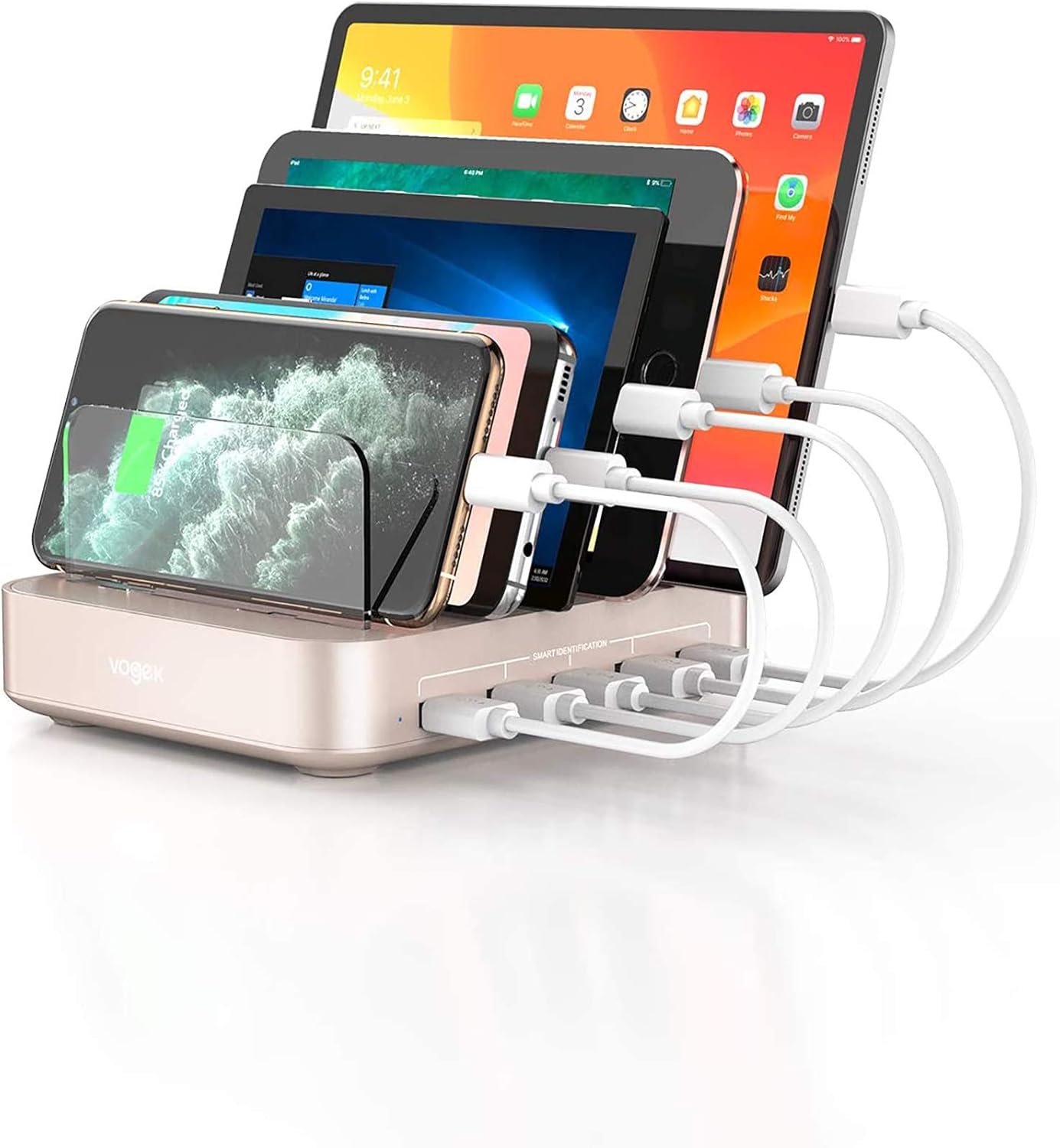 Charging Station, Vogek 50W 10A 5-Port USB Charging Station for Multiple Device with 8 Short Mixed Cables Watch & Airpod Stand Included for Cell Phones, Smart Phones, Tablets, iWatch, Airpods -Black