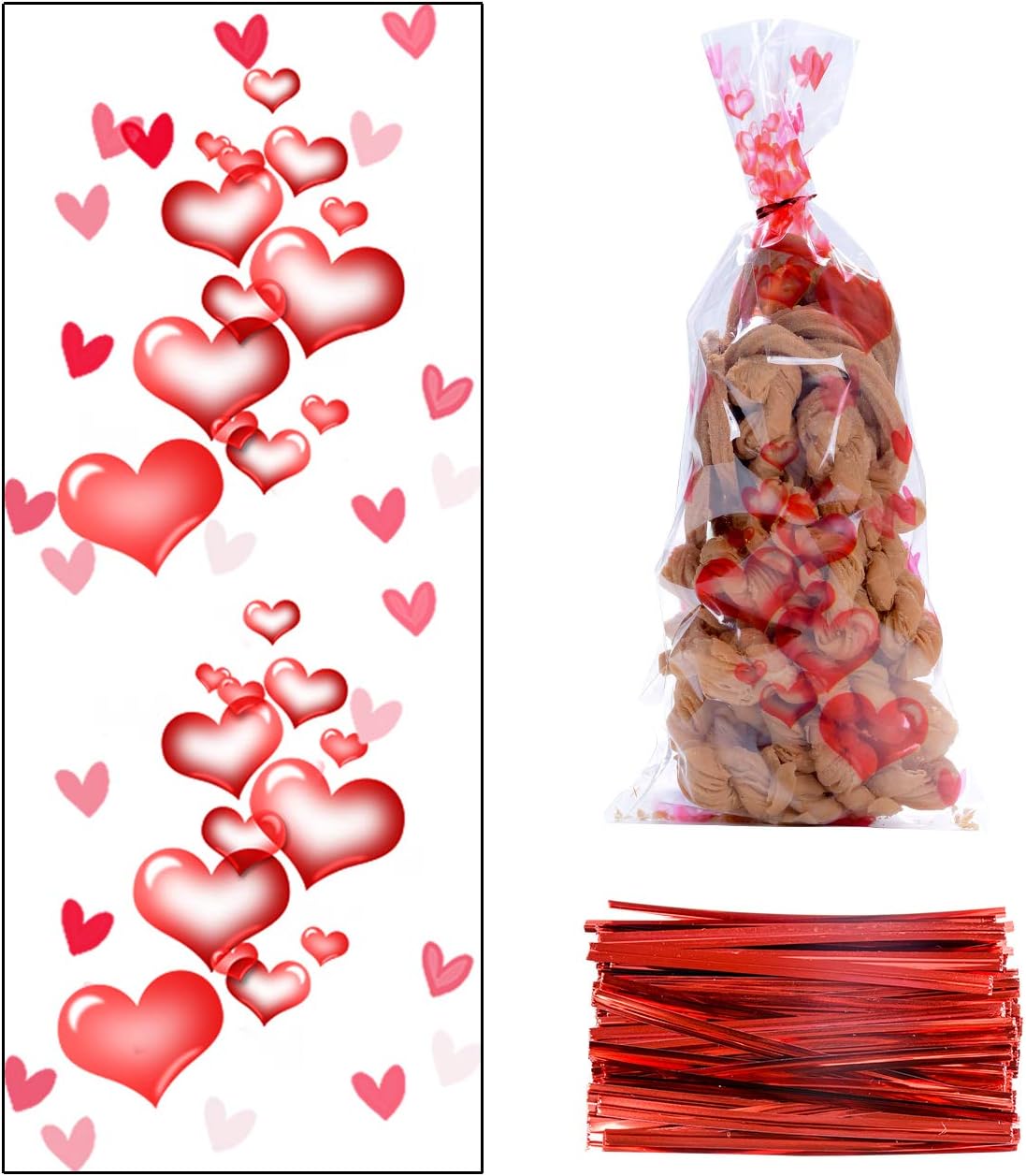 100 Pcs Valentine Cellophane Cookie Bags Goodie Candy Treat