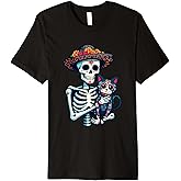 Skeleton Hugging Cat Sugar Skull Día de los Muertos Costumes Premium T-Shirt