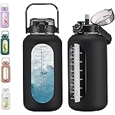 chunmo 74 oz Glass Water Bolttles with Straw Large Motivational Water Bottle with Time Marker Sports Water Bottles with Silicone Sleeve and Handle Lid 2.2L Water Jug for Gym Workout