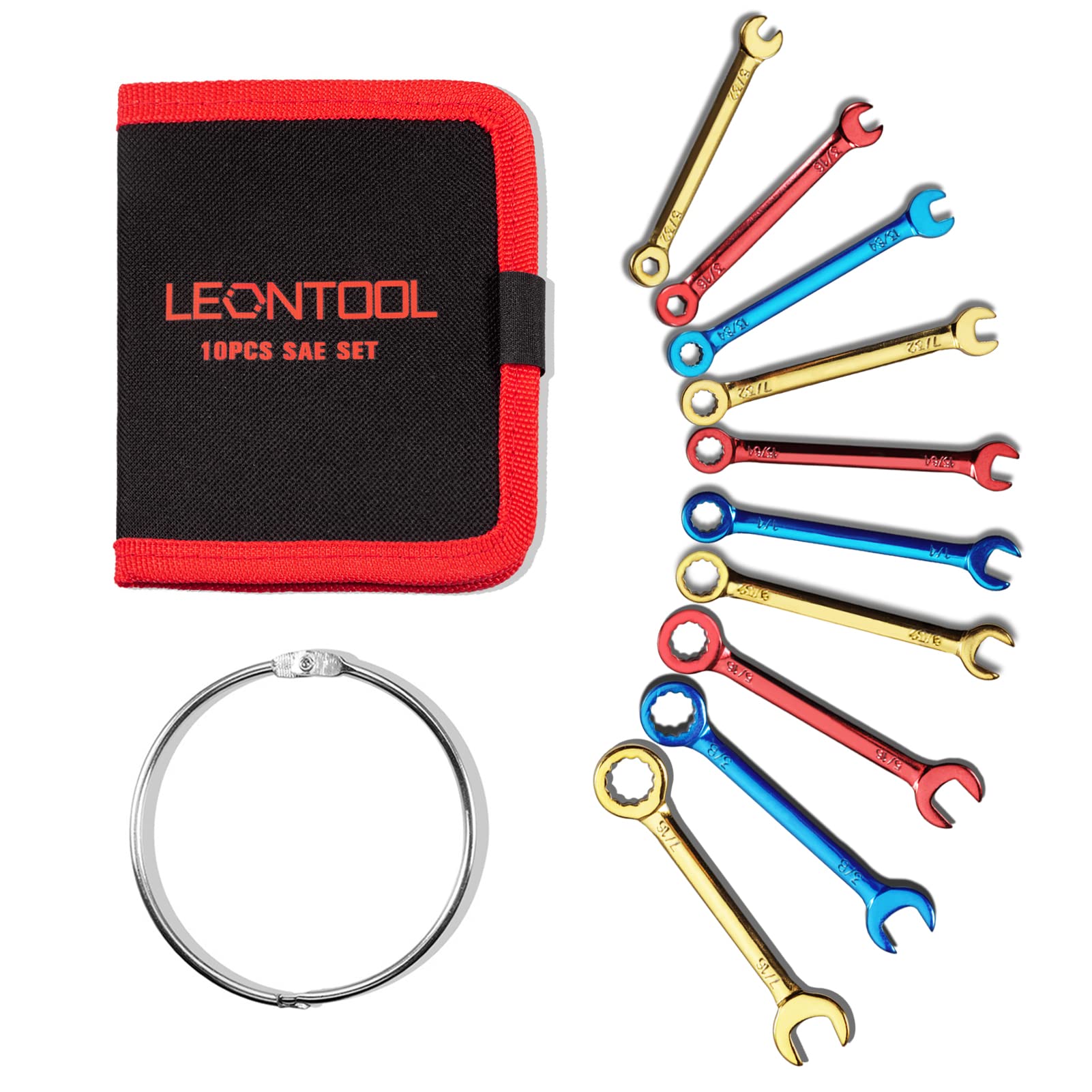 LEONTOOL Small Wrench Set SAE 10 PCS 5/32" to 7/16" Color Plated Open and Box End Mini Wrenches with Key Ring Small Standard Spanner Ignition Wrench Set with Portable Storage Pouches
