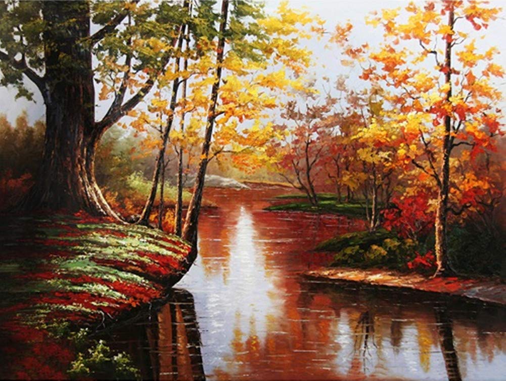 YEESAM ART Paint by Numbers for Adults Beginners River Autumn Forest Maple Trees 16x20 inch Linen Canvas Acrylic DIY Number Painting Kits Wall Art Decor Gifts