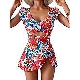Aidonger One Piece Swimdress Swimsuit for Women Tummy Control Ruffle Swim Dress Skirt V Neck Cutout Wrap Bathing Suit