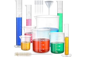 Tellegloww 16 Pack Graduated Cylinder Plastic Beaker, Includes 4 Pcs Graduated Cylinder, 5 Pcs Plastic Beakers, 5 Pack Science Transfer Pipette Beakers, 1 Funnel & 1 Brush Chemistry Set for DIY Lab