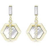 Lavari Jewelers Hexagon Dangle Earrings for Women with Black Onyx Malachite or Mother of Pearl and Created White Sapphire - 14k Yellow Gold Plated Sterling Silver Earrings for Her - Push Back Drops
