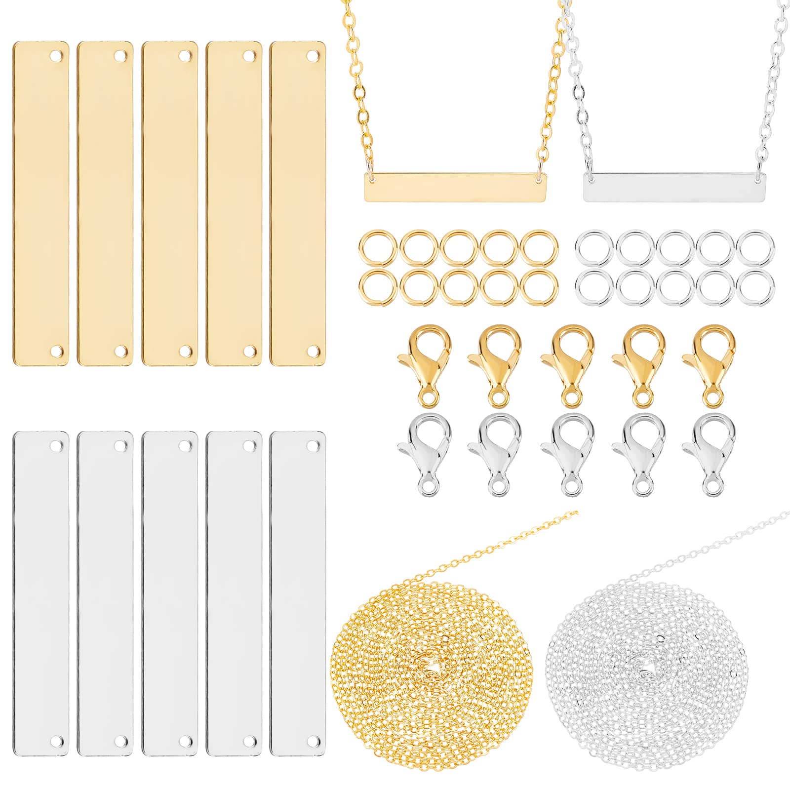 SUNNYCLUE 1 Box 40Pcs 2 Colors Stamping Tag Pendants Bar Charms Rectangle Brass Blank Stamp Tagging Metal Name Plate Charm Set with Jump Rings Lobster Clasps Chains for DIY Personalized Crafts