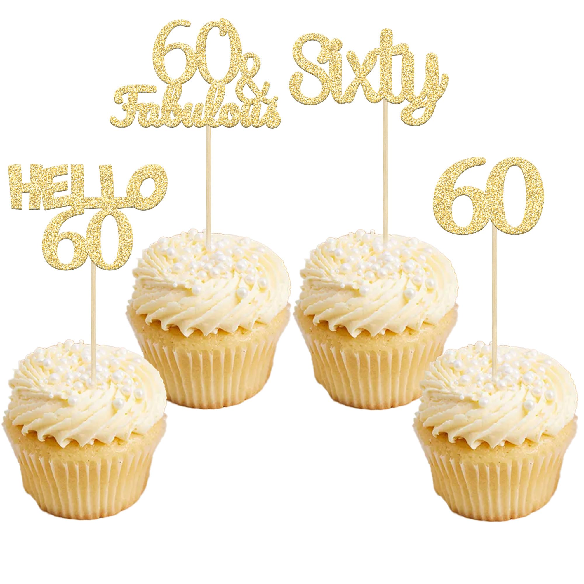 Gyufise 24Pcs Gold Glitter 60th Birthday Cupcake Toppers Hello 60 Sixty Cake Toppers 60 & Fabulous Cupcake Picks 60th Birthday Cake Decorations Supplies