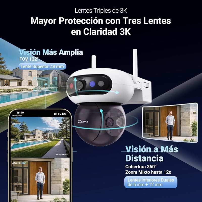 Câmara de 15MP (5+5+5 MP) WiFi Vigilância solar exterior, bateria, zoom misto 12x, objetiva tripla 3K, wireless, 360°, AOV, deteção de pessoas por IA, kit CB90F