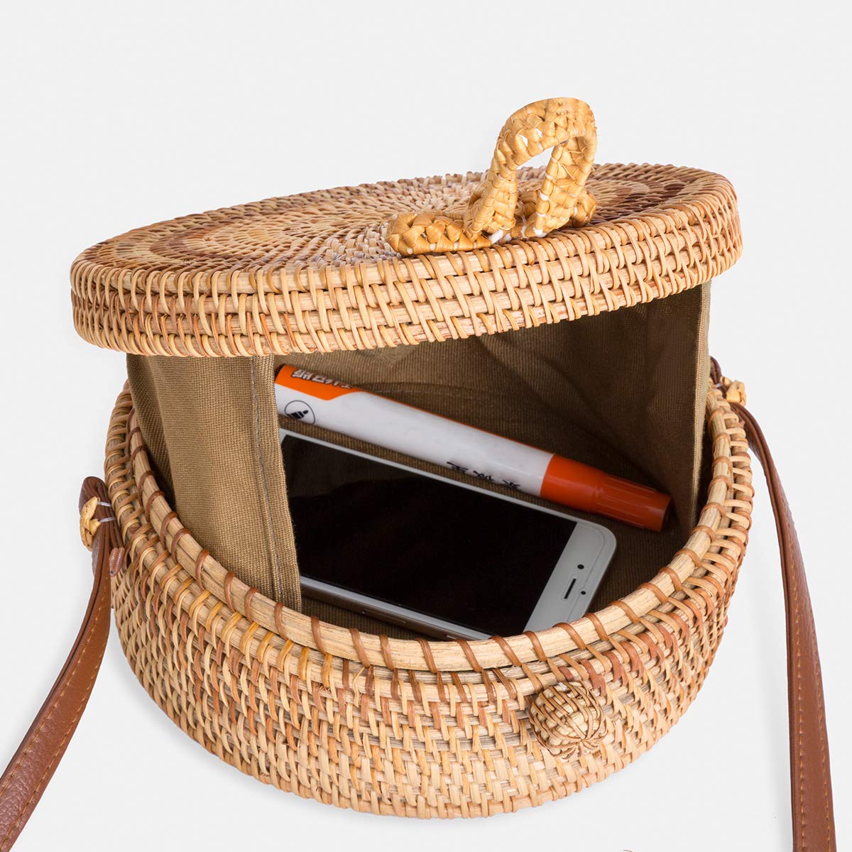 Lefur Rattan Bags for Women Round Handmade Straw Bag Purse Boho Circle Crossbody Handag with Shoulder Leather Strap