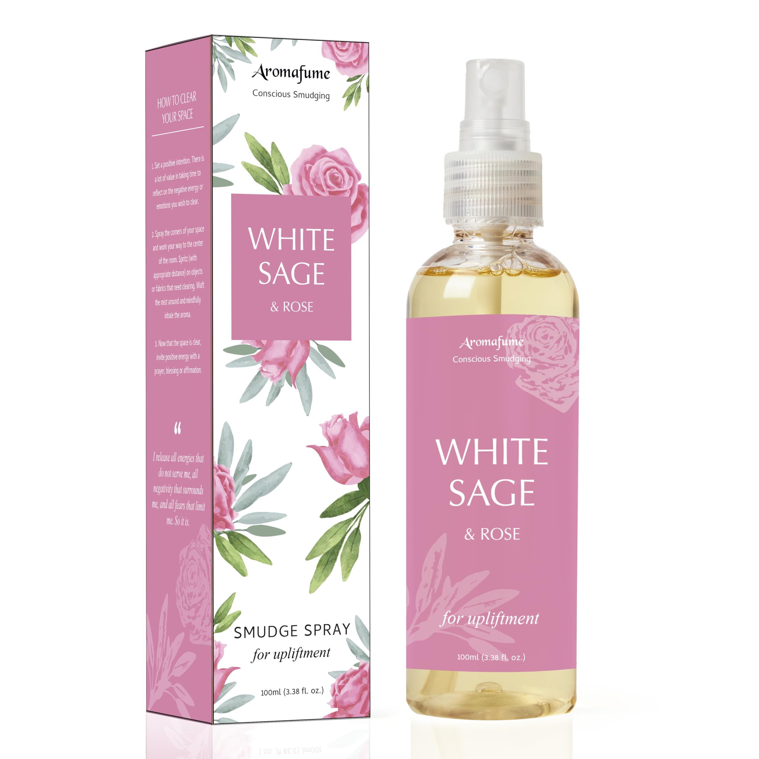 White Sage & Rose Smudge Spray by Aromafume | 100ml/3.3 oz | Sage Mist for Cleansing Negative Energy & Protection | Room Spray for Spiritual Cleansing, Smokeless Sage Smudging