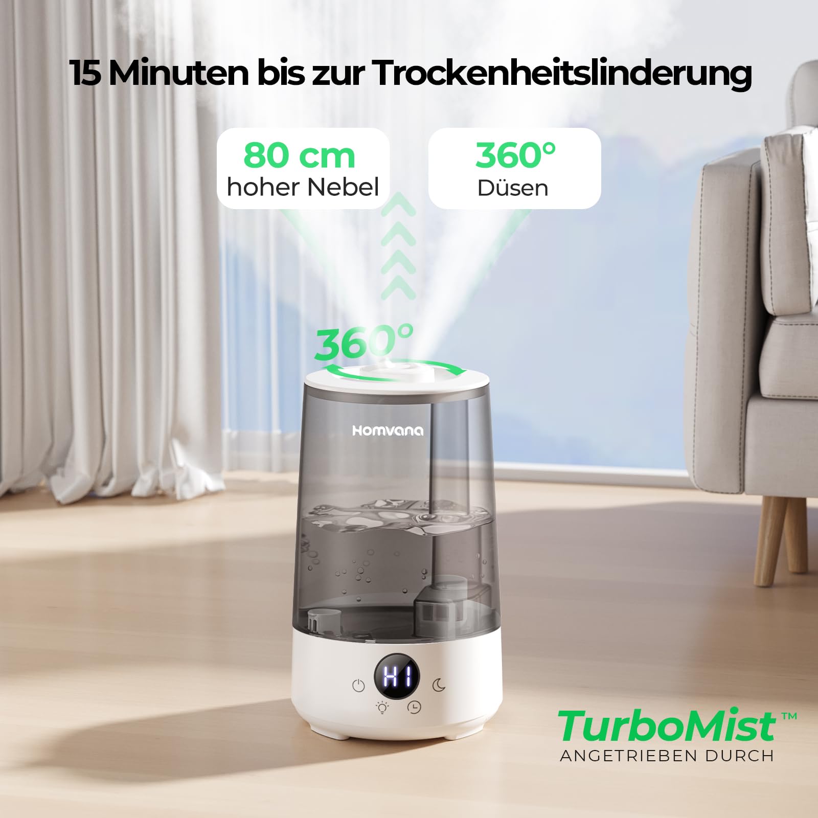 Homvana Luftbefeuchter Schlafzimmer Top-Fill, 3.6L 360°Cool Mist 34H Dauerhaft, Ruhig 16dB (SilentSpary Tech) Klein, Kinderzimmer Baby, BPA Free, Aromadiffusor für Pflanzen 7-Color Night Light