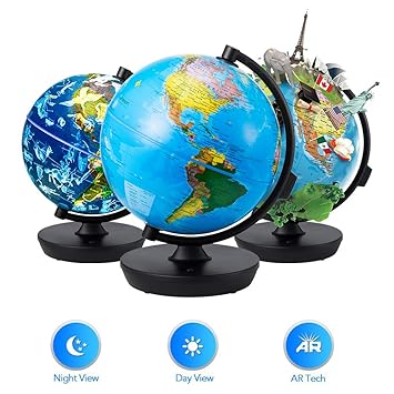 Globe 3 in 1 Illuminated Smart World Globe with Built-in Augmented Reality Technology, Earth by Day, Constellations by Night, AR App Experience, Adventure and Discovery, Educational Gift for Child