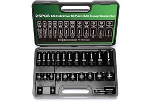 TecoTek 25 Pieces 3/8-Inch Drive Deep and Shallow 12-Point Impact Socket Set, CR-V, 5/16" - 1", SAE, 1/4"-3/8" Drill Adapter