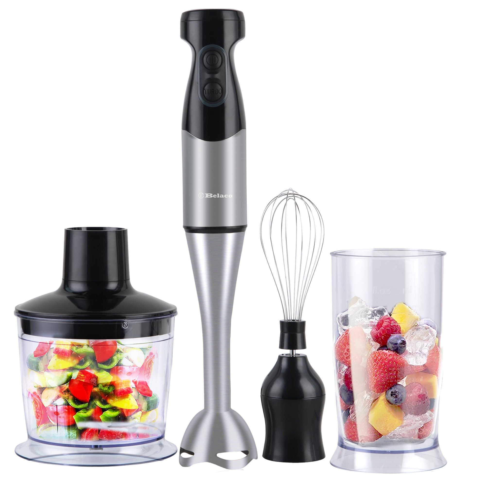 Belaco Hand Blender Mixer 4in1 Processor Chopper Mixer Bowl Egg Whisk & Beaker 800W DC motor 600ml chopper bowl 500ml beaker