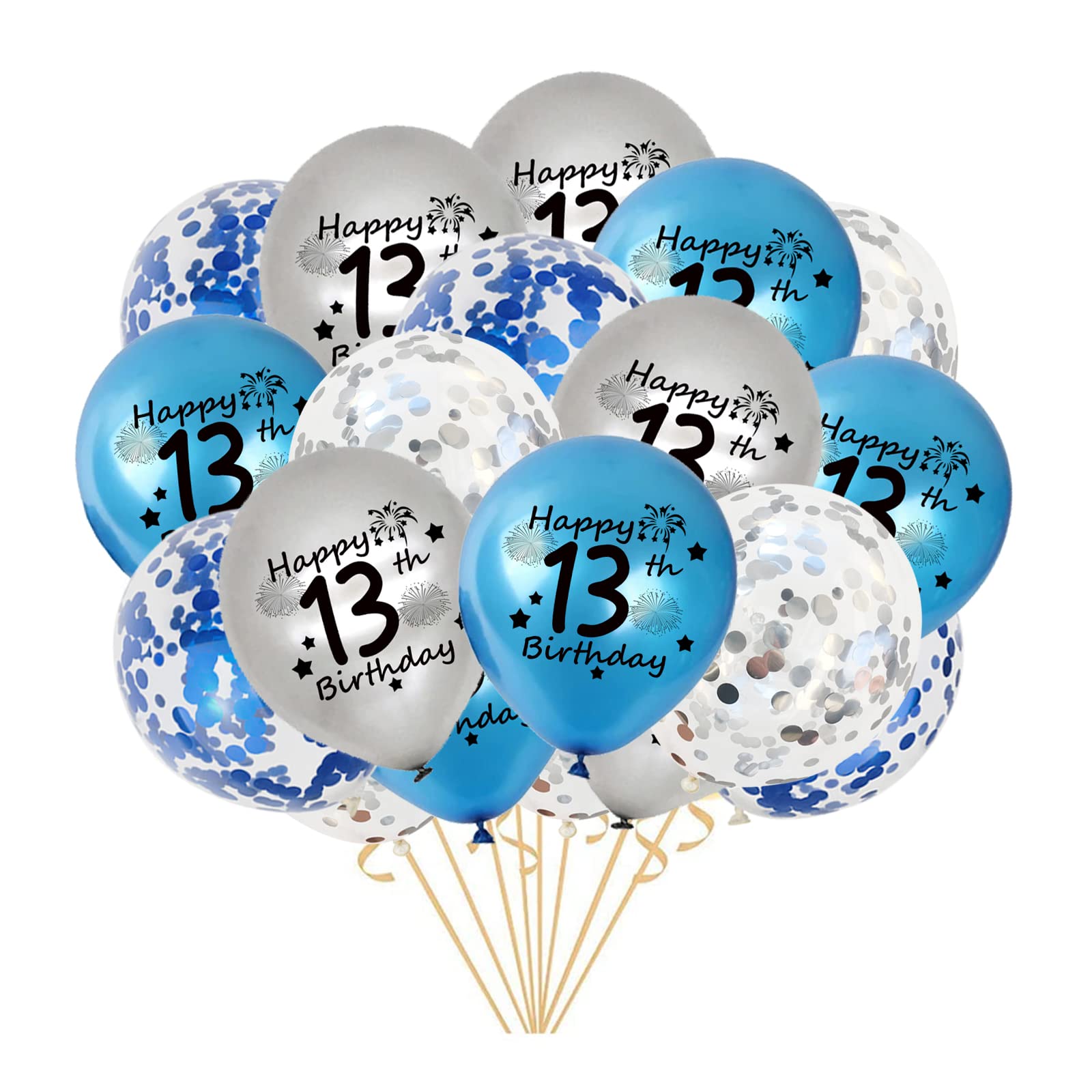 Fechy 13th Birthday Balloon, Pack of 20 Blue Silver Happy Latex Confetti Balloon Ribbons Official Teenager Party 13 Year Old Supplies 12inch (Blue), (FC-13th-blue silver-21)