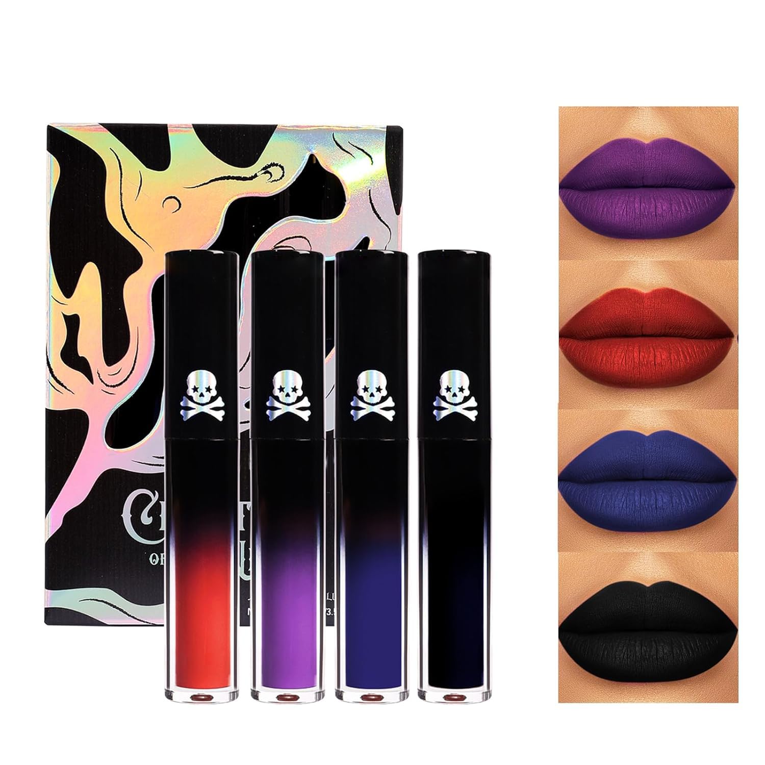 Bekoeen 4PCS Dark Blue Black Purple Matte Liquid Lipstick Set,24 Hour Long Lasting Red Lipgloss,Waterproof Smudge Proof Matte Lip Glaze,Gothic Festive Lip Gloss