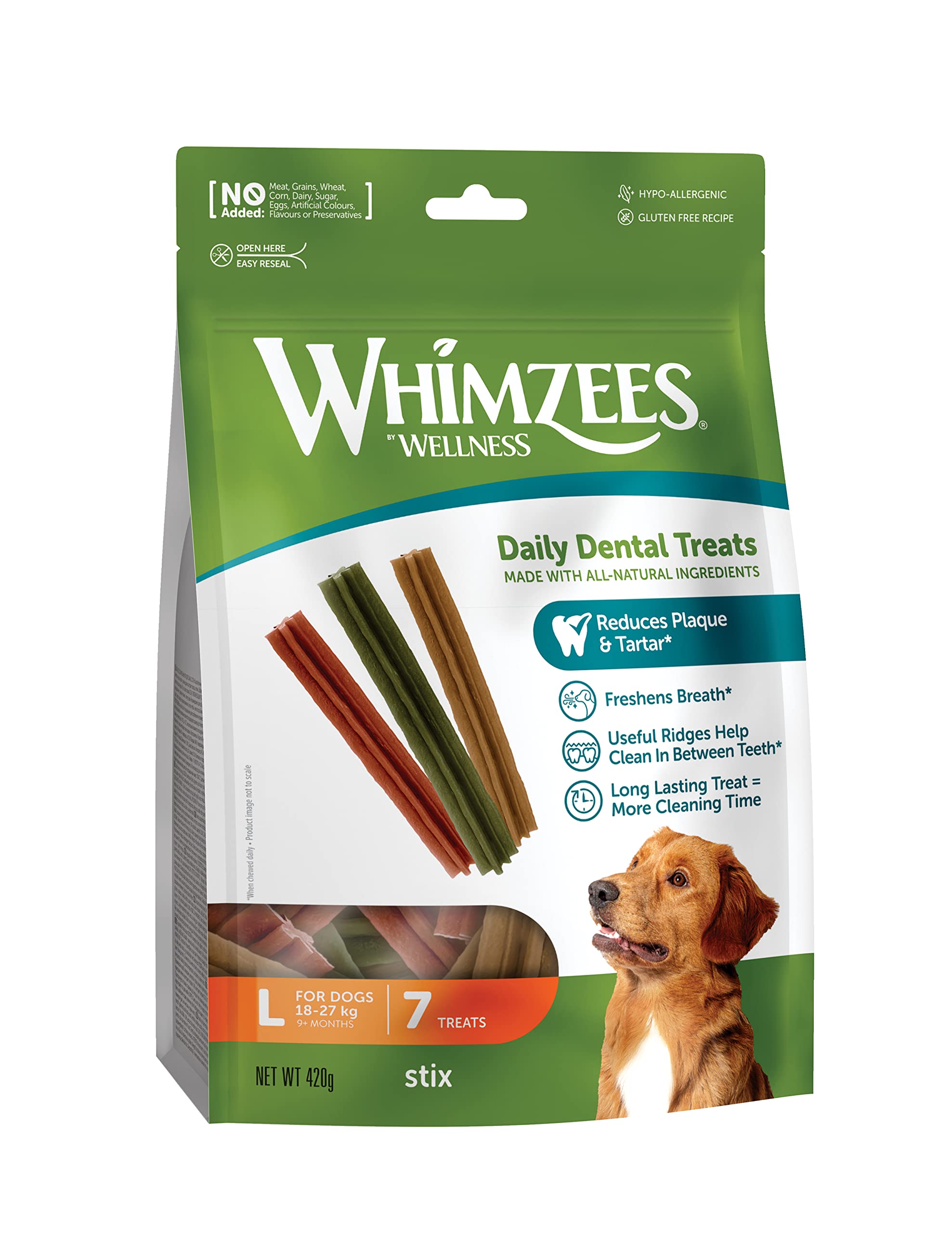 WHIMZEES Stix L, 6 Pieces – Dog Dental Stix, Size L, Dog Dental Sticks for Large Breeds, Natural and Grain Free, Rawhide-Free, Vegetarian, No Added Sugar